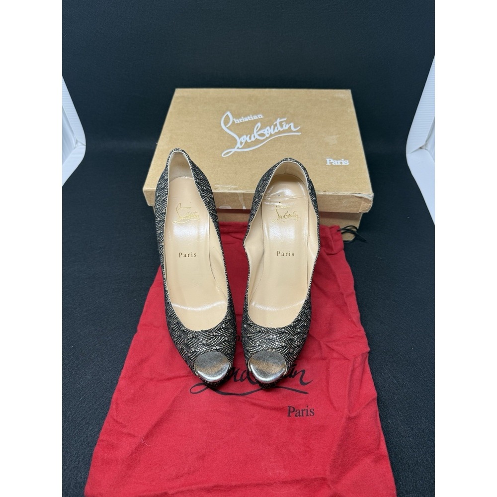 Christian Louboutin Black Lace Glitter Peep Toe Heels Red Bottom Pumps EU 39